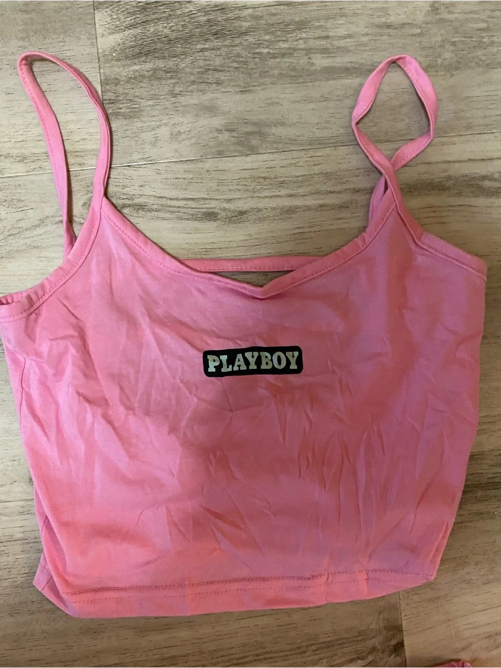 Missguided x PLAYBOY Pink Spaghetti-Strap Crop Top & High-Waist Bike Shorts set
